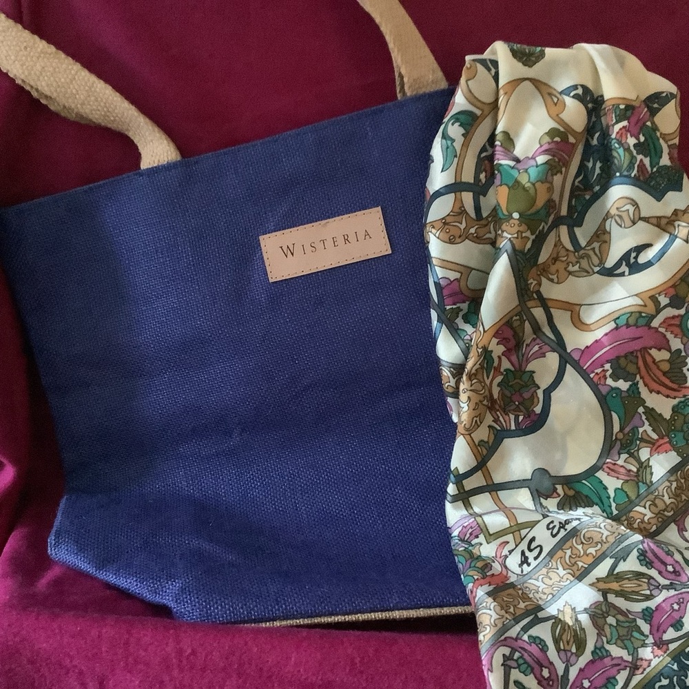 WISTERIA NEW, Royal Blue & Tan Burlap Tote .14”Tx 18”W. (Scarf not included.)